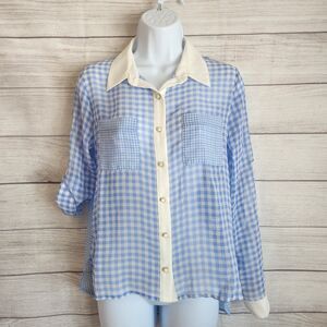 Monteau Women’s Small Blue Gingham Button Up Shirt Cottagecore NWT